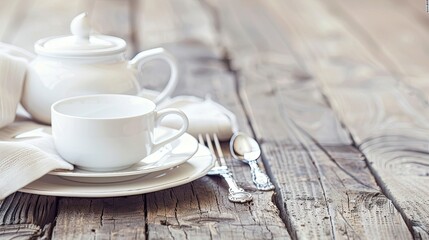 A white teacup and teapot sit on a wooden table, surrounded by silverware and a napkin