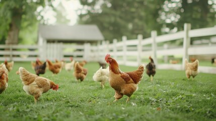 A group of five chickens stands on a lush green lawn in a backyard