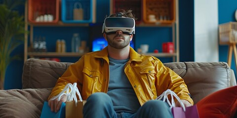 White man using virtual reality glasses to shop and add items to his list, sitting on a couch with bags. Innovation. Variation.