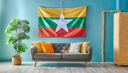 The flag of Myanmar (Burma) hangs in the living room at home. The flag is in house.