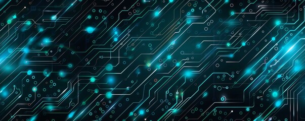 Abstract circuit board pattern with glowing lines and dots in dark background