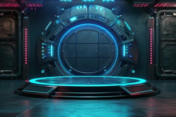 Futuristic Sci-Fi Podium with Neon Lights, Ideal for Product Placement, Gaming Setup, or Technology Display