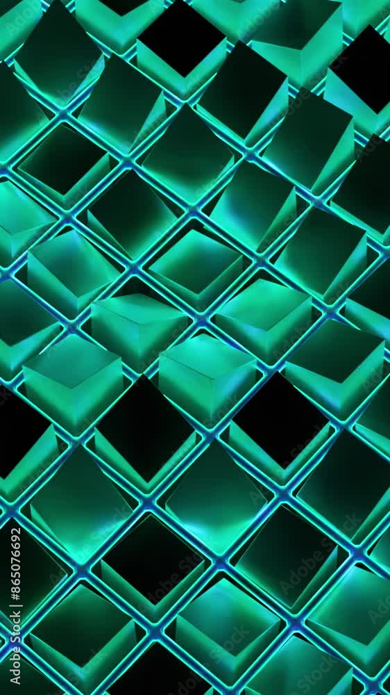 Poster 3d cubes move in neon cells. design. wave movements of squares in neon cells. 3d squares on surface 