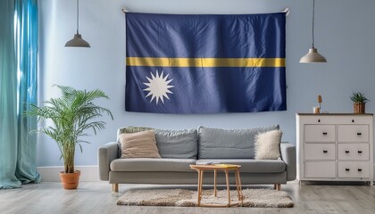 The flag of Nauru hangs in the living room at home. The flag is in house.