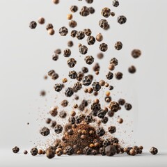 Black peppercorns falling on white background.