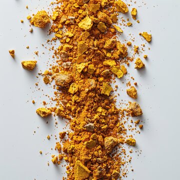 Bright yellow turmeric powder spilled from a wooden spoon