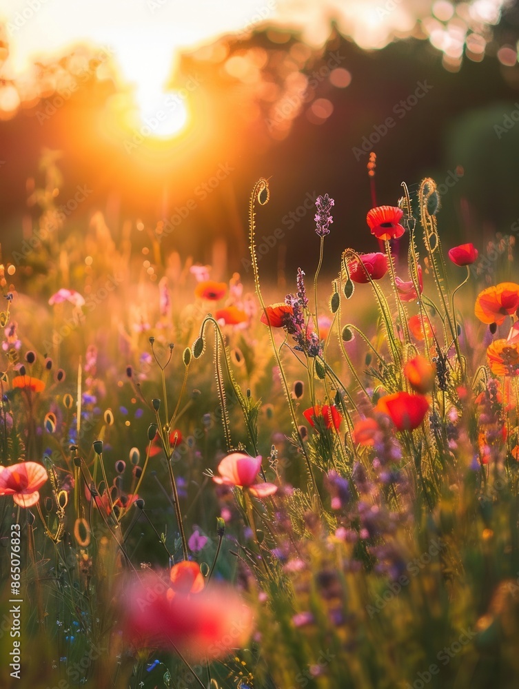 Poster a field of wildflowers, illuminated by the warm glow of the rising sun. generative ai