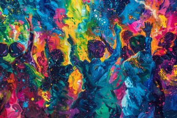 Colorful painting featuring a group of people joyfully dancing in mid-air, A vibrant and colorful scene that captures the excitement of a crowded dance floor