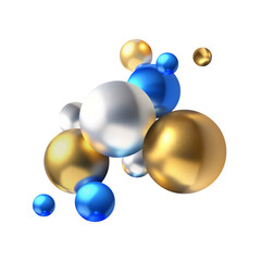 Realistic spheres balls composition background Advertising banner template. 3D modern background with gold blue silver balls.Abstract 3D background.Dynamic wallpaper with glossy spheres.Vector 