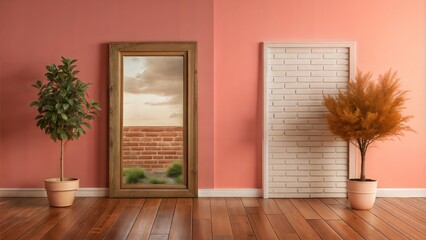 interior of modern living room with plants and wooden wall