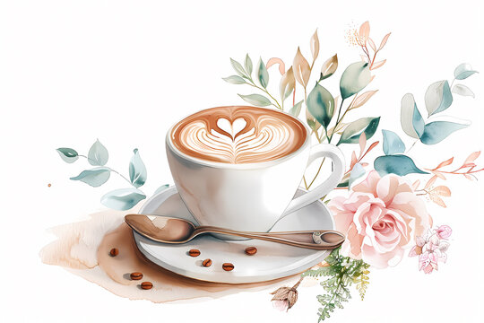 A cup of latte art coffee with a heart design, surrounded by delicate watercolor flowers and leaves.