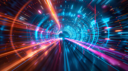 Neon blue and pink portal glows amidst a high-speed light show, creating a futuristic digital gateway to an unknown realm.