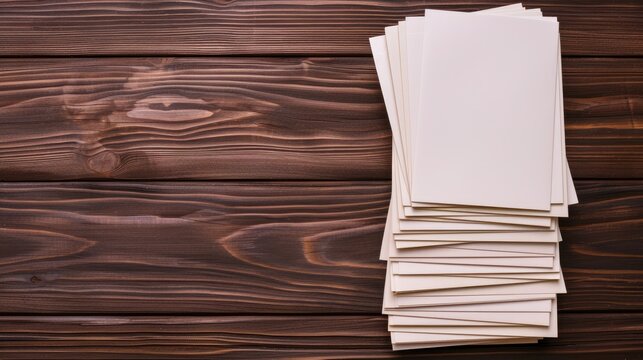 A stack of blank white business cards rests on a brown wooden table