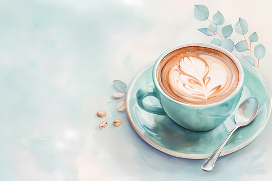 Watercolor illustration of a cup of latte art coffee on a blue background with green leaves.