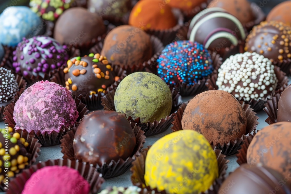 Poster a collection of various handmade chocolates displayed on a tabletop, a vibrant array of handcrafted 