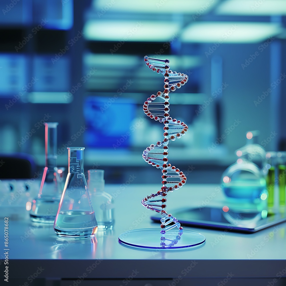 Poster dna model in a modern lab: a close-up shot of a brightly lit, double helix dna model on a laboratory