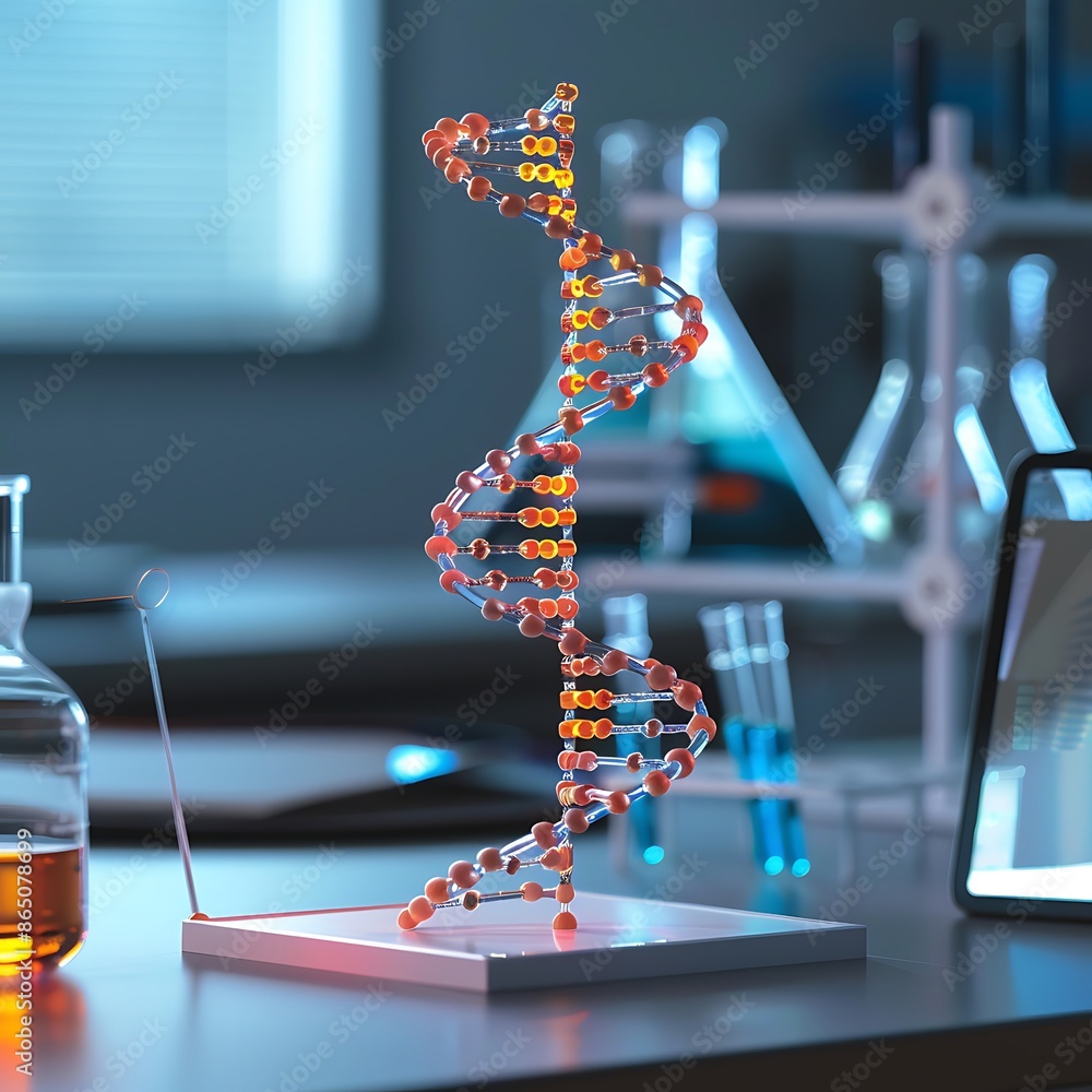 Poster dna model in a modern lab: a close-up shot of a brightly lit, double helix dna model on a laboratory