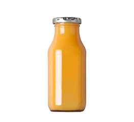 Bottle with fresh orange juice on white background