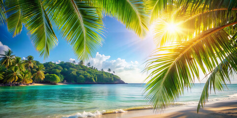 summer banner on island with beach and palm trees