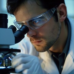 Medical discovery under lens a focused scientist examining a sample through a microscope in a laboratory setting. The image captures the precision and dedication involved in scientific research.