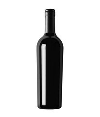 Front view black wine bottle, whiskey, cognac, brandy beer bottle isolated on white background, mockup, blank, plain