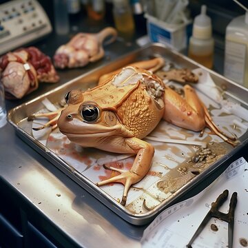 Dissection of a Frog in a Lab: A close-up photo of a dissected frog on a laboratory tray with labeled organs and instruments nearby. Educational image with clear focus and clean light. (ar 16:9)