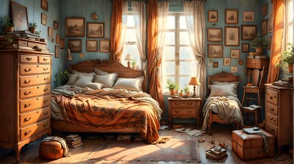 Cartoon style illustration of cozy bedroom with vintage furniture and textured fabrics.