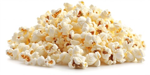 Heap of delectable newly-made popcorn separated on plain background.