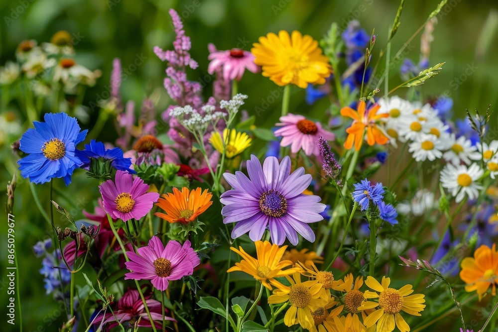 Poster a group of assorted wildflowers clustered together in the grass, showcasing a colorful array of bloo