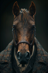 Portrait of a horse in a business suit on a dark background, 3D render, art creative, success concept 