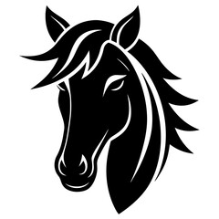 A black and white silhouette of a horses head with a long mane