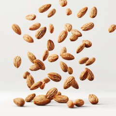 A handful of almonds falling through the air against a white background.