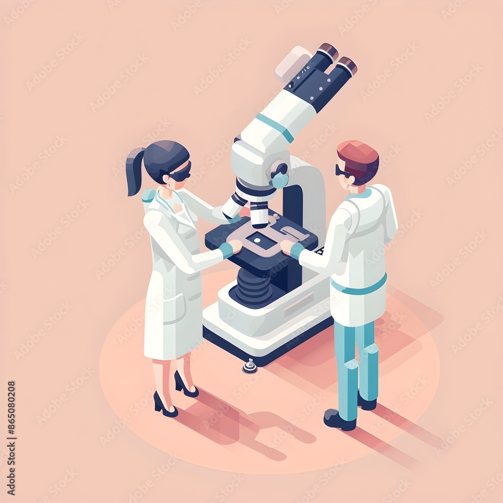 Poster isometric scientist using microscope in modern laboratory research setting