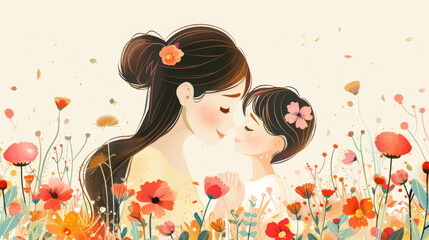 Fototapeta premium Beautiful illustration of a mother and child embracing in a vibrant field of flowers, symbolizing love and family.