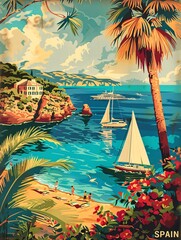A retro Spanish travel poster featuring a scenic bay view.