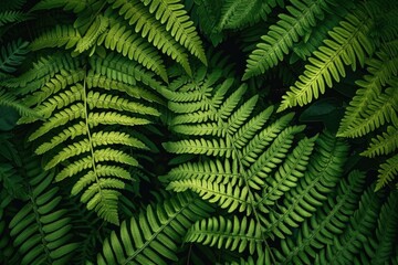 A close-up photo of vibrant green fern fronds, showcasing their delicate details and texture.