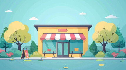 Obraz premium Charming illustration of a small storefront with red and white awning, surrounded by trees and greenery on a sunny day.