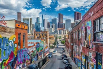 Naklejka premium City street bustling with vibrant graffiti artwork on buildings and walls, A vibrant city skyline filled with colorful street art and graffiti covering the buildings