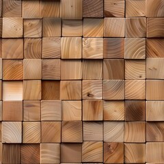 The image shows a wall of wooden cubes