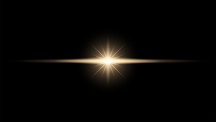 Sunrise special effect. Vector lens flare light, warm sun rays flash, glow star burst, shiny sun glare, yellow sunlight on black background.