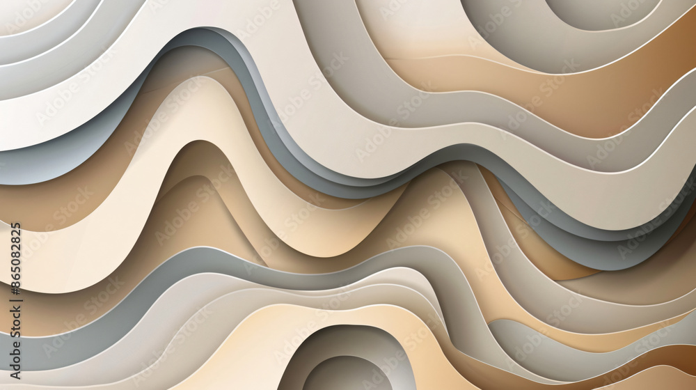 Poster 3d render of an abstract background with wavy layers in beige, brown and gray colors.