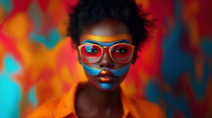 Vibrant Face Art with Orange Glasses