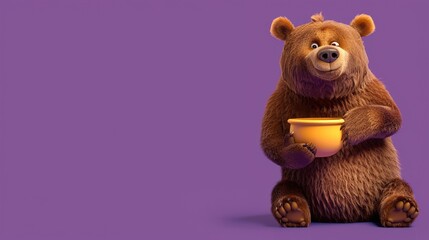 A joyful cartoon bear holding a honey pot on a solid purple background.