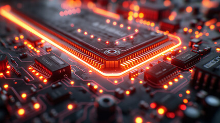 Futuristic circuit board illuminated with neon lights.