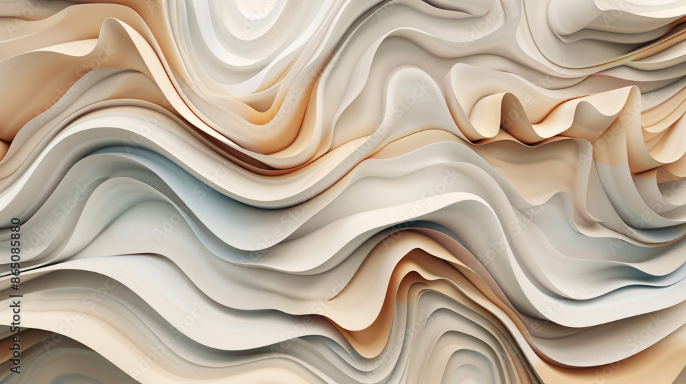 Poster 3d render of an abstract background with wavy layers in beige, brown and gray colors.