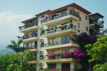 Fototapeta premium Beautiful spring scene: apartment building balcony overlooking puerto vallarta, mexico. March 2024 daytime shot