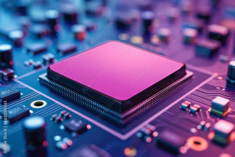 Poster close-up of an ai chip on a vibrant circuit board, highlighting the integration and advanced capabil