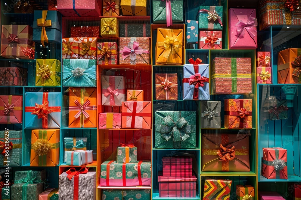Poster a display featuring an array of multicolored gift boxes adorned with decorative bows, a vibrant disp