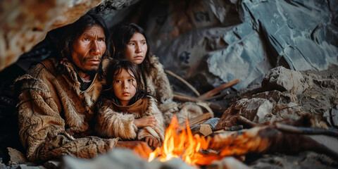 Caveman neanderthal. Prehistoric cave man. Primitive Stone age people. Ancient human neanderthal, homo sapien family. Man, woman, baby with fur near fire in cave. Historic evolution, prehistory banner