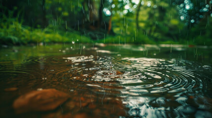 Fototapeta premium Raindrops hitting the ground during a rainstorm, creating ripples.